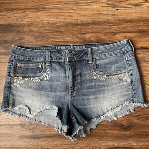 American Eagle Denim Jean High Rise Booty Shorts Rhinestone Sz‎ 12 Festival Boho